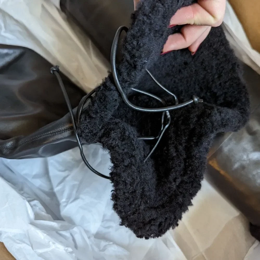 NWT Dundas x Revolve black leather shearling lace up thigh high Kate boots